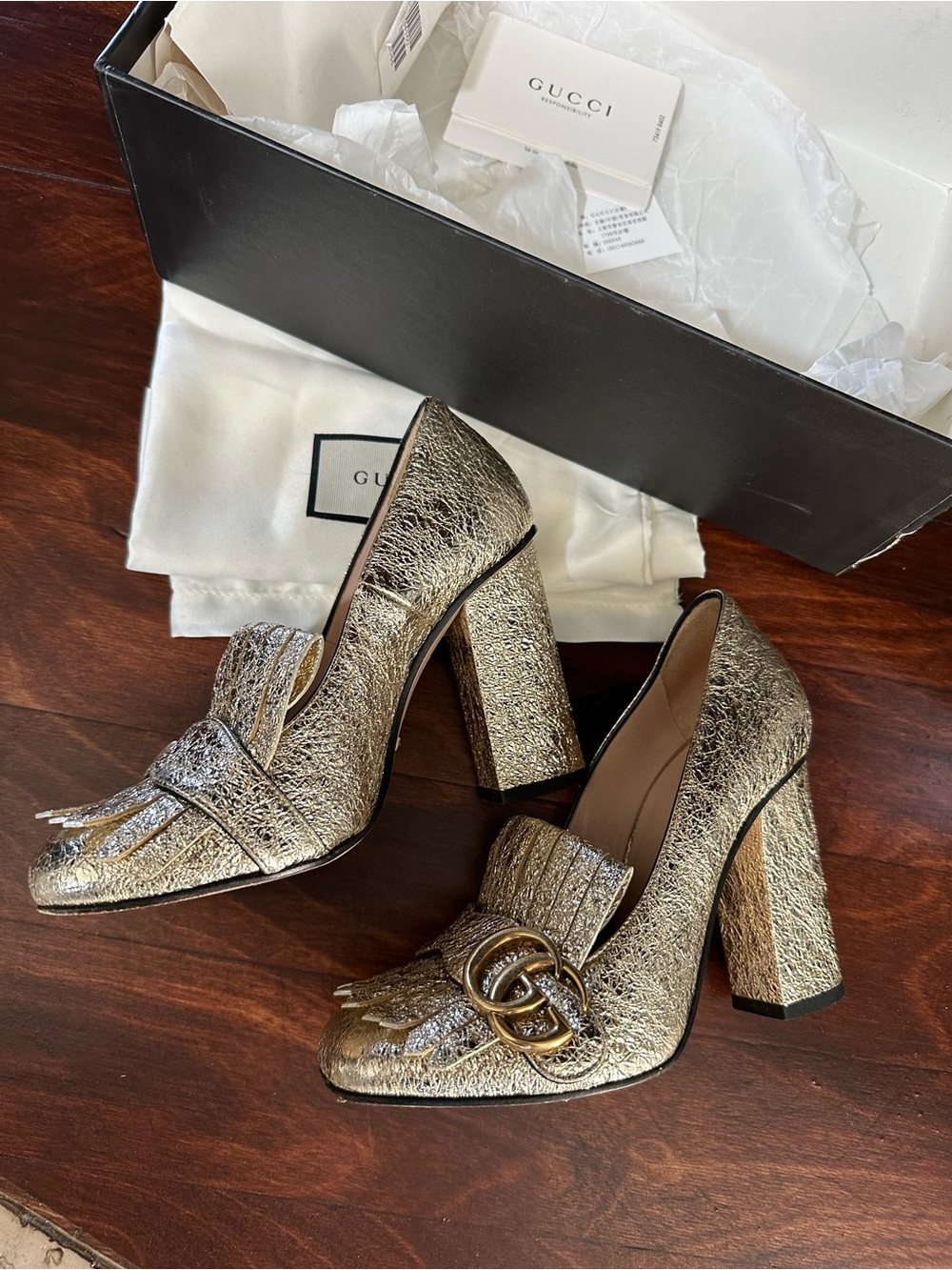 Gucci Gold Glitter Fringe Heeled Loafers with Double G - Picture 2 of 10